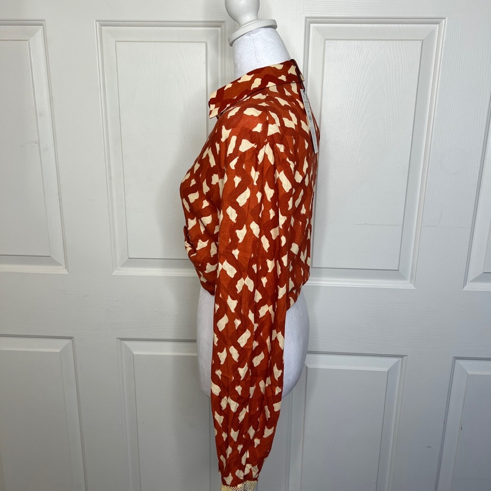 NWT Zara Linen Blend Printed Twisted Wrap Crop Top in Terracotta and Cream - Picture 5 of 8